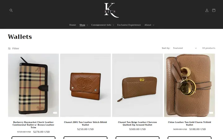Website page titled Wallets – Kit's Boutique