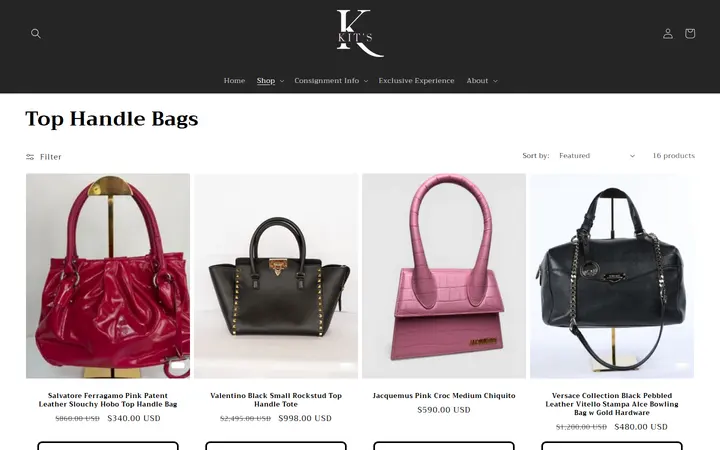 Website page titled Top Handle Bags – Kit's Boutique