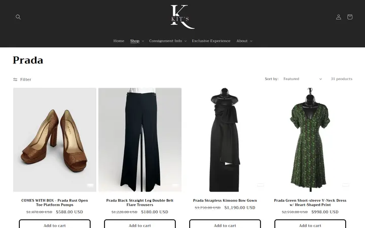 Website page titled Prada – Kit's Boutique