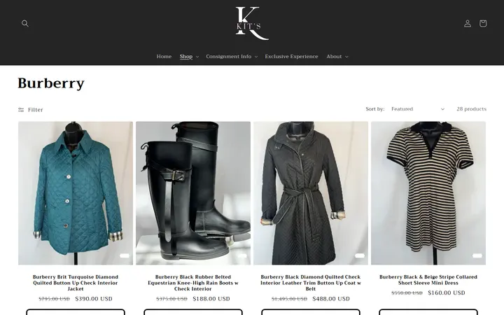 Website page titled Burberry – Kit's Boutique