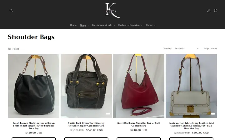 Website page titled Shoulder Bags – Kit's Boutique