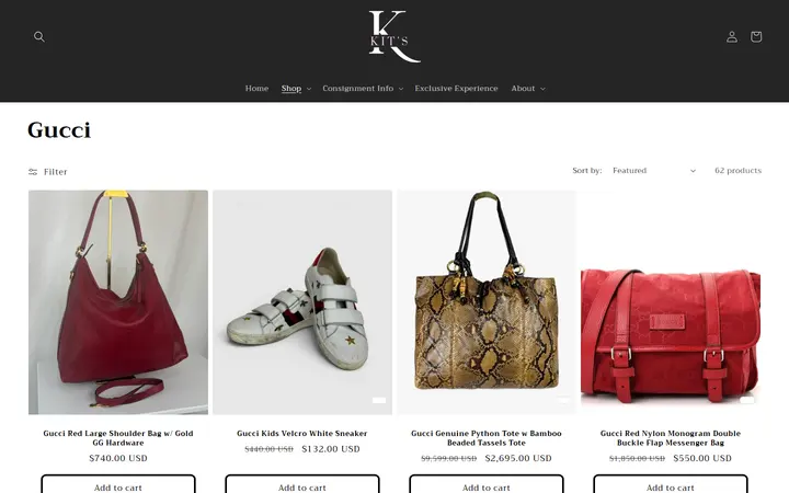 Website page titled Gucci – Kit's Boutique