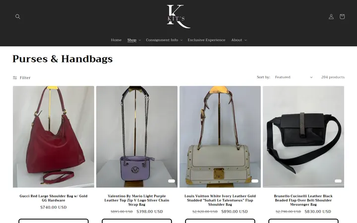 Website page titled Purses & Handbags – Kit's Boutique