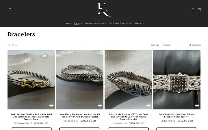 Website page titled Bracelets – Kit's Boutique