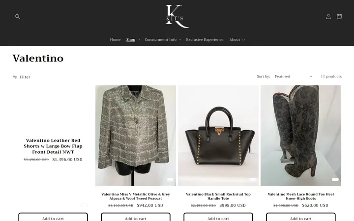 Website page titled Valentino – Kit's Boutique