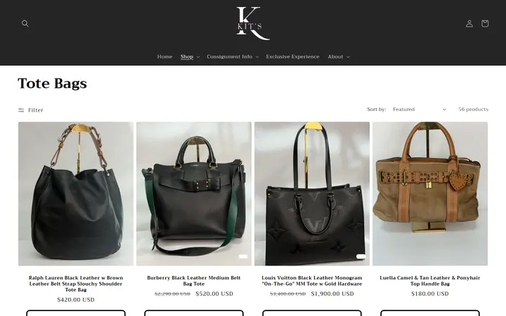 Website page titled Tote Bags – Kit's Boutique