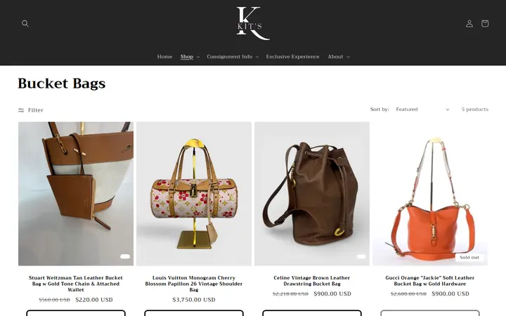 Website page titled Bucket Bags – Kit's Boutique
