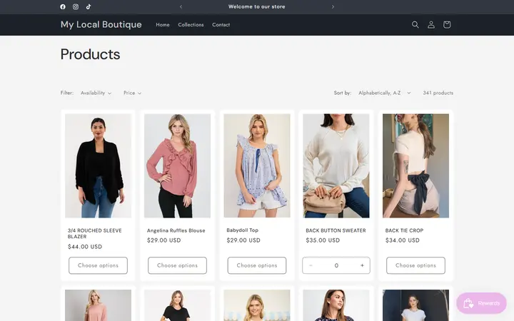 Website page titled Products – My Local Boutique