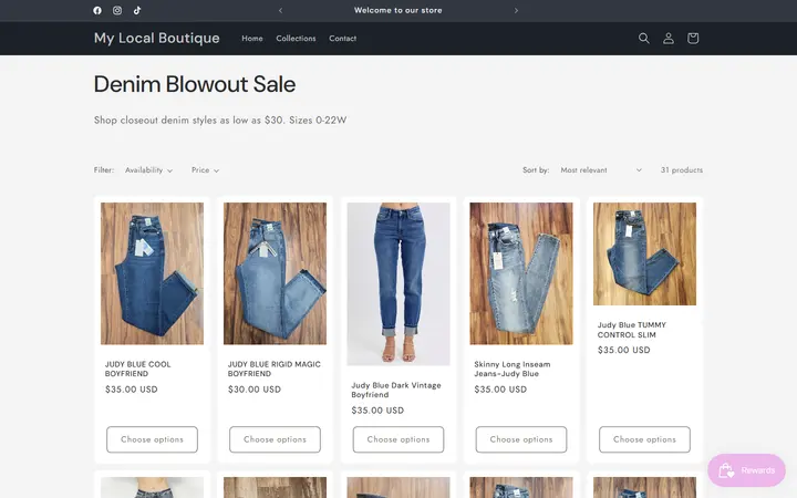 Website page titled Denim Blowout Sale – My Local Boutique