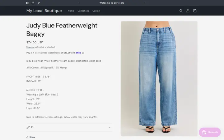 Website page titled Judy Blue Featherweight Baggy – My Local Boutique