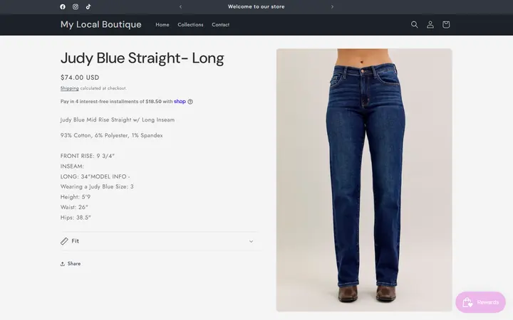 Website page titled Judy Blue Straight- Long – My Local Boutique