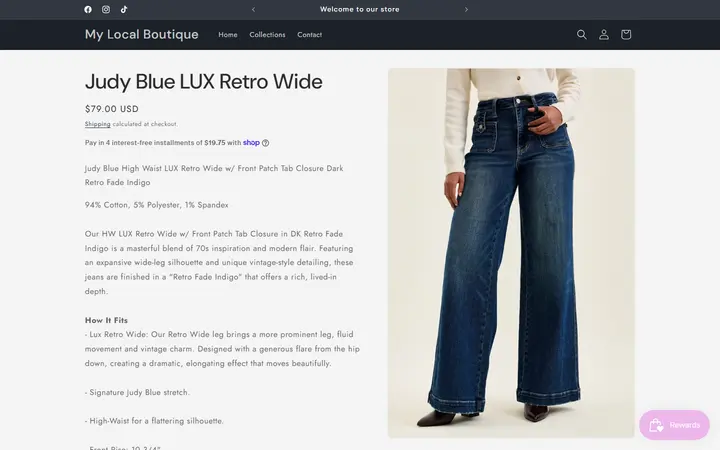 Website page titled Judy Blue LUX Retro Wide – My Local Boutique