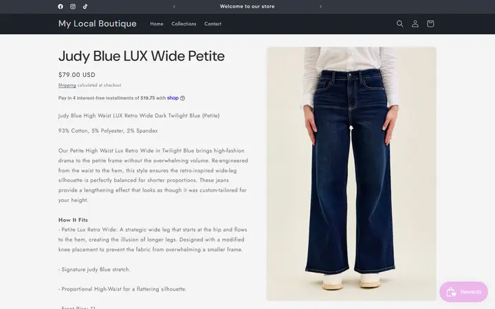 Website page titled Judy Blue LUX Wide Petite – My Local Boutique