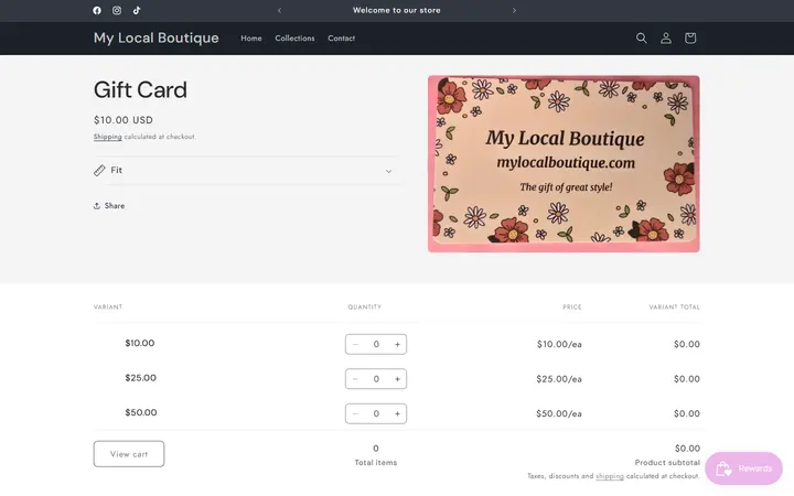 Website page titled Gift Card – My Local Boutique
