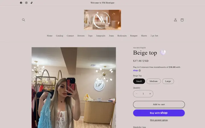 Website page titled Beige top 🤍 – NM Boutique