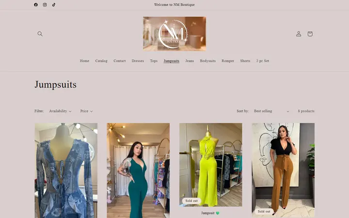 Website page titled Jumpsuits – NM Boutique