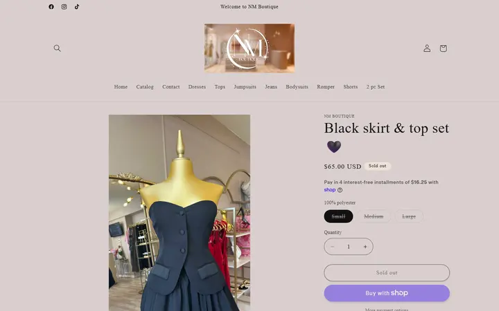 Website page titled Black skirt & top set 🖤 – NM Boutique