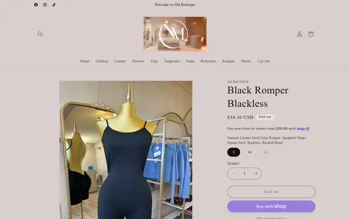 Website page titled Black Romper Blackless – NM Boutique