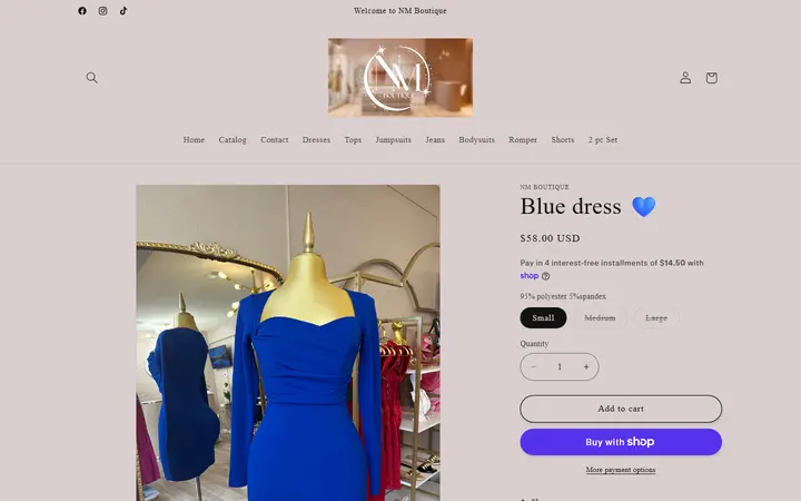Website page titled Blue dress 💙 – NM Boutique