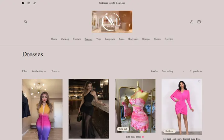 Website page titled Dresses – NM Boutique
