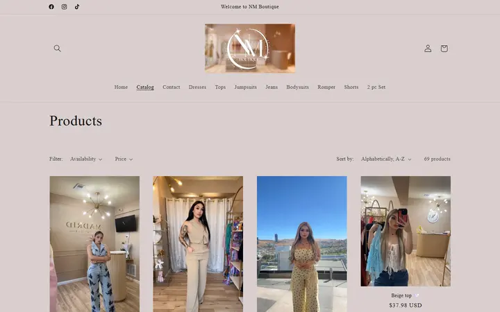 Website page titled Products – NM Boutique