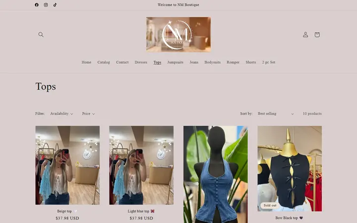 Website page titled Tops – NM Boutique