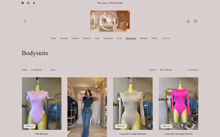 Website page titled Bodysuits – NM Boutique