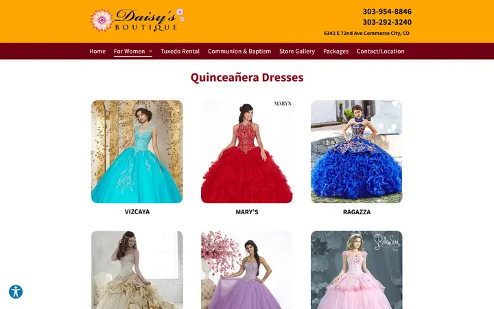 Website page titled Quinceaneras | Accessories | Denver, CO