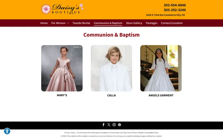 Website page titled Communion and Baptism | Daisy's Boutique | Denver, CO