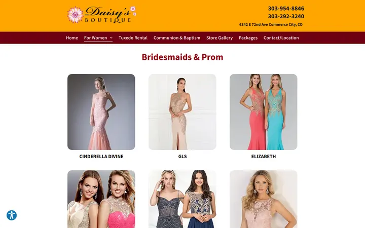 Website page titled Bridesmaids Dresses | Accessories | Denver, CO