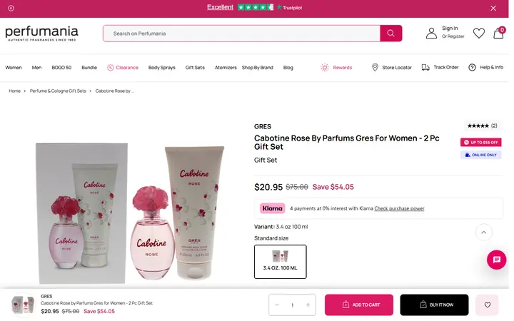 Website page titled Cabotine Rose by Parfums Gres for Women - 3.4 oz.