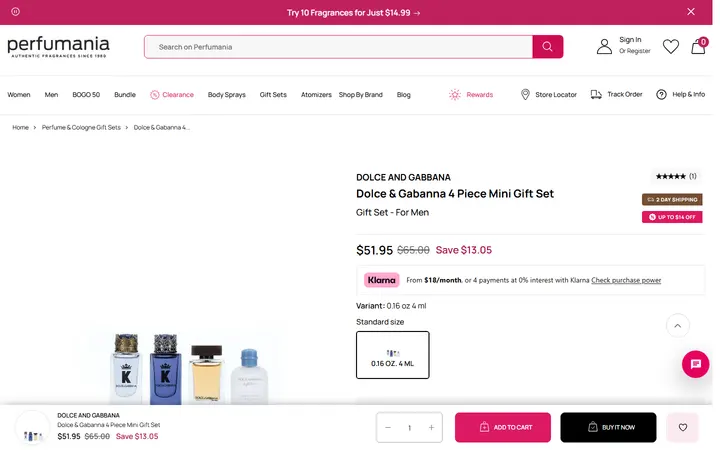 Website page titled Dolce & Gabanna 4 Piece Mini Gift Set – Perfumania - 0.16 oz.