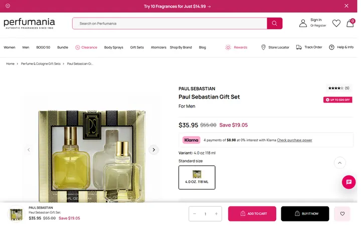 Website page titled Paul Sebastian Gift Set – Perfumania - 4.0 oz.