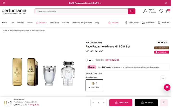 Website page titled Paco Rabanne 4-Piece Mini Gift Set – Perfumania - 0.17 oz.