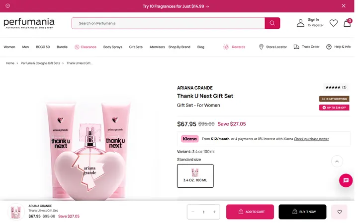Website page titled Thank U Next Gift Set – Perfumania - 3.4 oz.