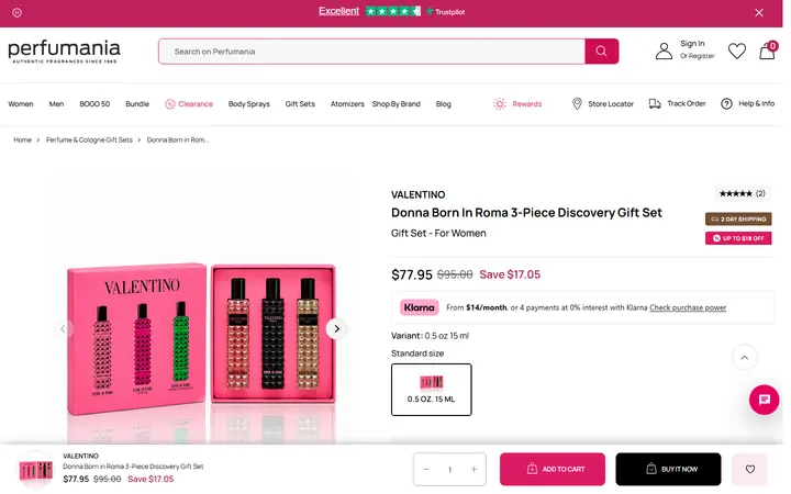 Website page titled Donna Born in Roma 3-Piece Discovery Gift Set – Perfumania - 0.5 oz.