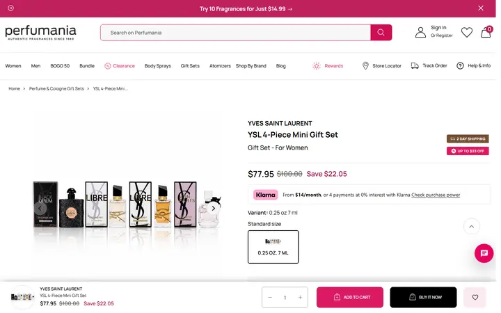 Website page titled YSL 4-Piece Mini Gift Set – Perfumania - 0.25 oz.