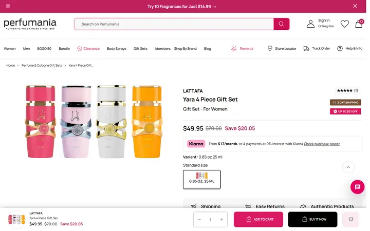 Website page titled Yara 4 Piece Gift Set for Women – Perfumania - 0.85 oz.