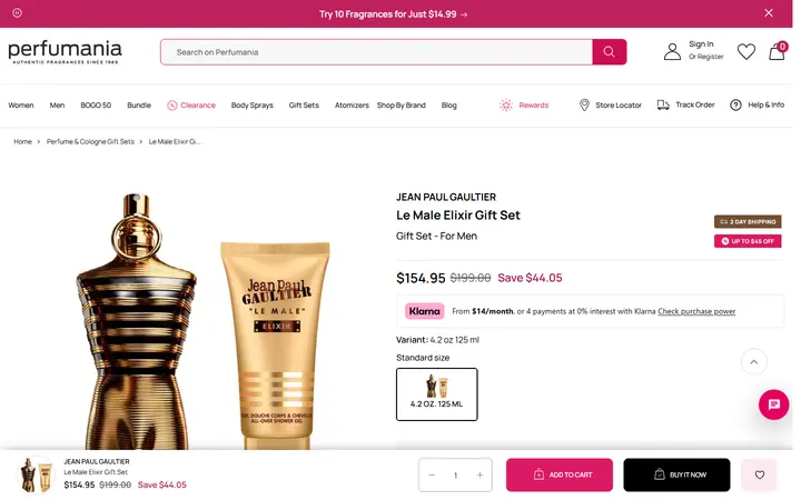 Website page titled Le Male Elixir Gift Set – Perfumania - 4.2 oz.