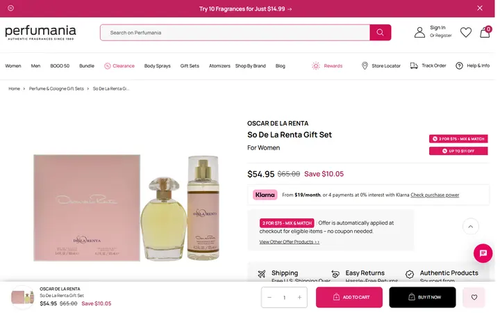 Website page titled So De La Renta Gift Set – Perfumania