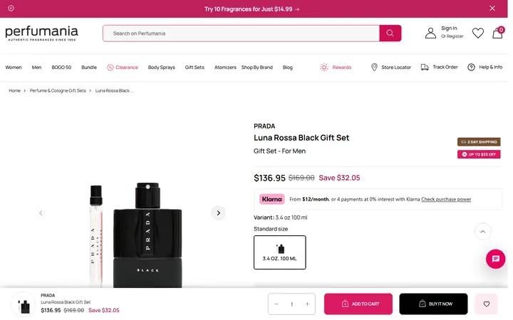 Website page titled Luna Rossa Black Gift Set – Perfumania - 3.4 oz.