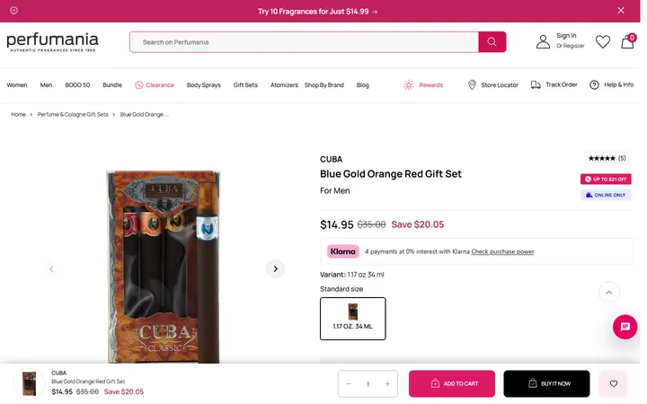 Website page titled Blue Gold Orange Red Gift Set – Perfumania - 1.17 oz.