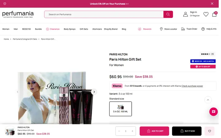 Website page titled Paris Hilton Gift Set – Perfumania - 3.4 oz.