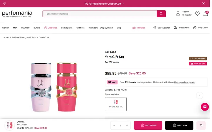Website page titled Yara Gift Set – Perfumania - 3.4 oz.