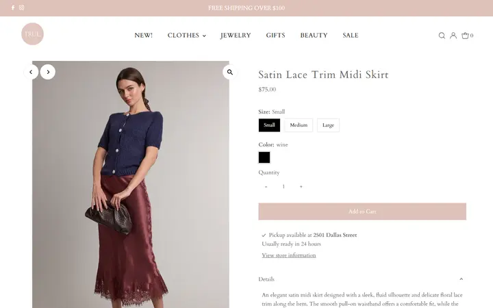 Website page titled Satin Lace Trim Midi Skirt – true. boutique