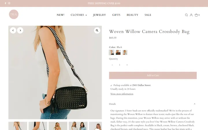 Website page titled Woven Willow Camera Crossbody Bag – true. boutique