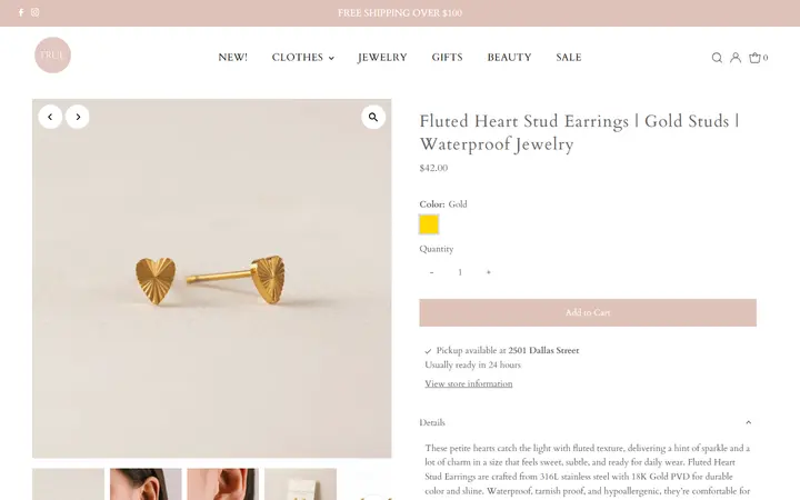 Website page titled Fluted Heart Stud Earrings | Gold Studs | Waterproof Jewelry – true. boutique