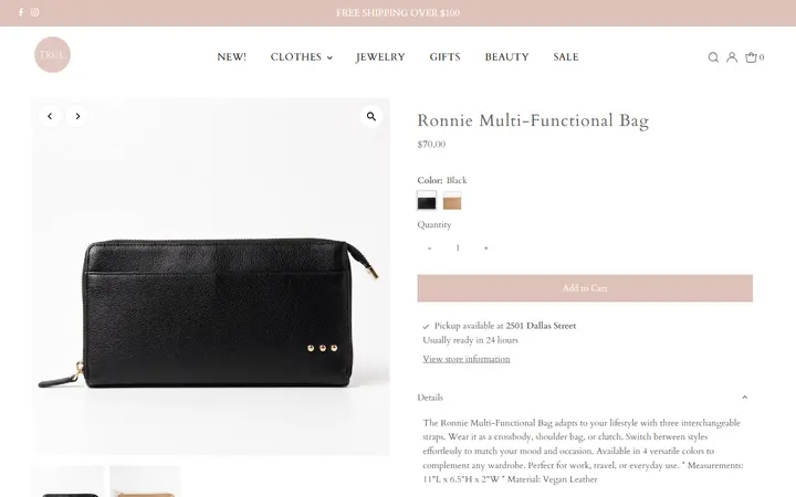 Website page titled Ronnie Multi-Functional Bag – true. boutique