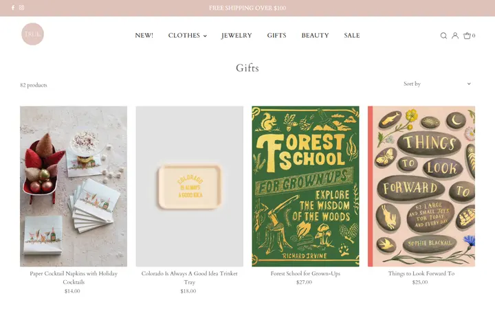 Website page titled Gifts – true. boutique
