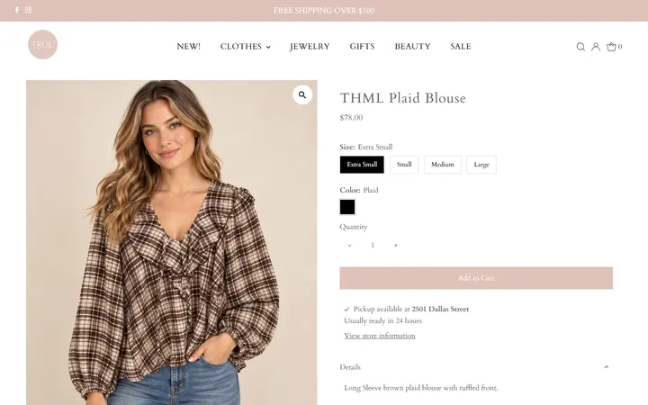 Website page titled THML Plaid Blouse – true. boutique